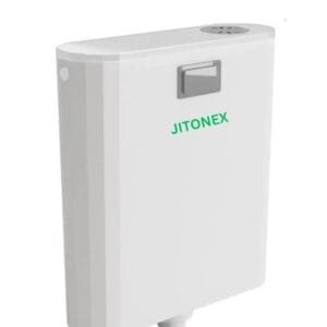 Slim cistern installed in a compact modern bathroom