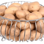Stainless steel fruit basket filled with fresh potatoes – durable wire bowl for kitchen countertop storage and produce organization