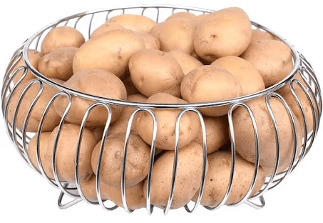 Stainless steel fruit basket filled with fresh potatoes – durable wire bowl for kitchen countertop storage and produce organization