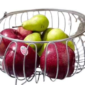 Stainless steel fruit basket filled with fresh potatoes – durable wire bowl for kitchen countertop storage and produce organization