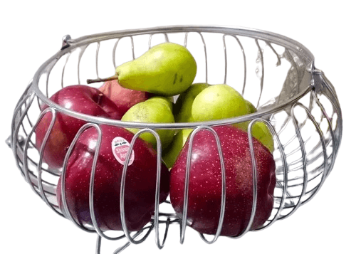 Stainless steel fruit basket filled with fresh potatoes – durable wire bowl for kitchen countertop storage and produce organization